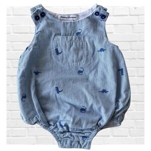 Tommy Bahama 6-9 M Light Blue White Striped Baby Bubble Romper Dinosaurs Overall